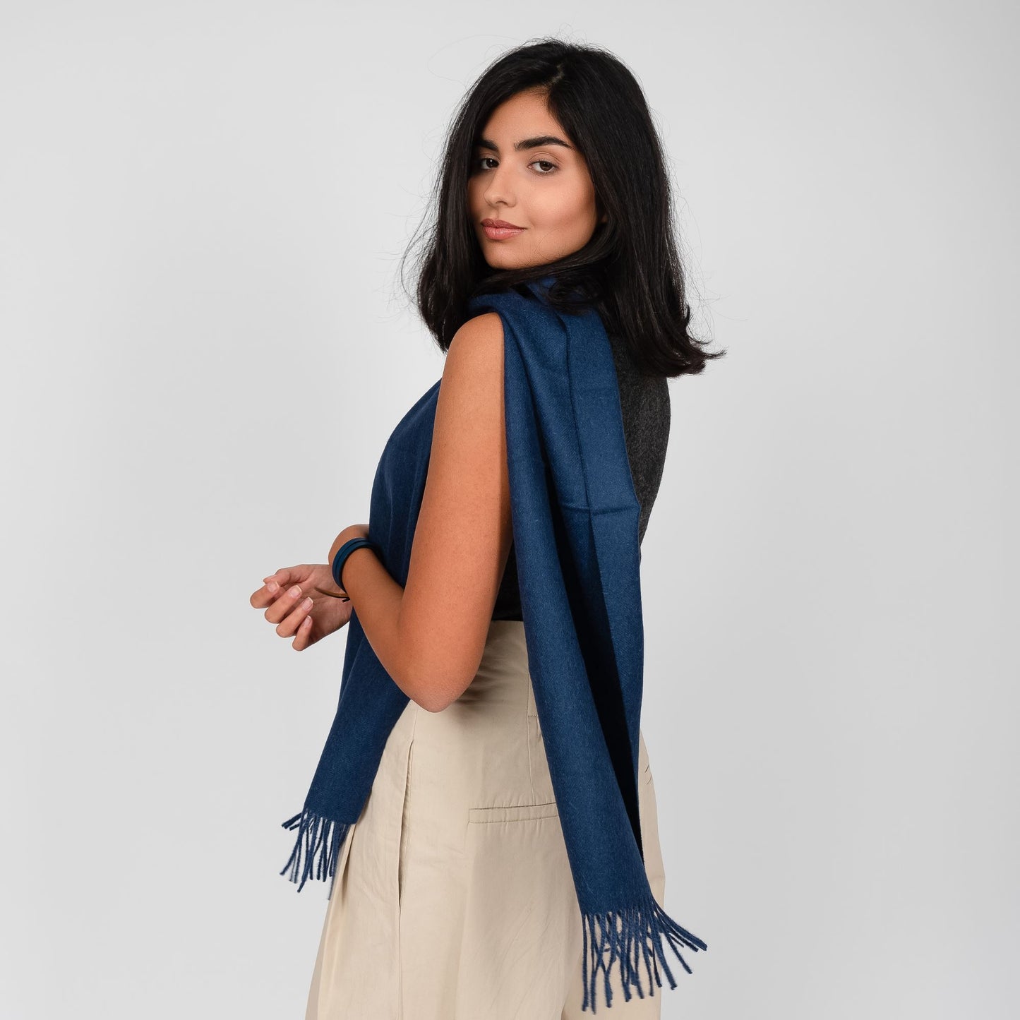 Navy Baby Alpaca Fringed Scarf Scarf WASHEIN