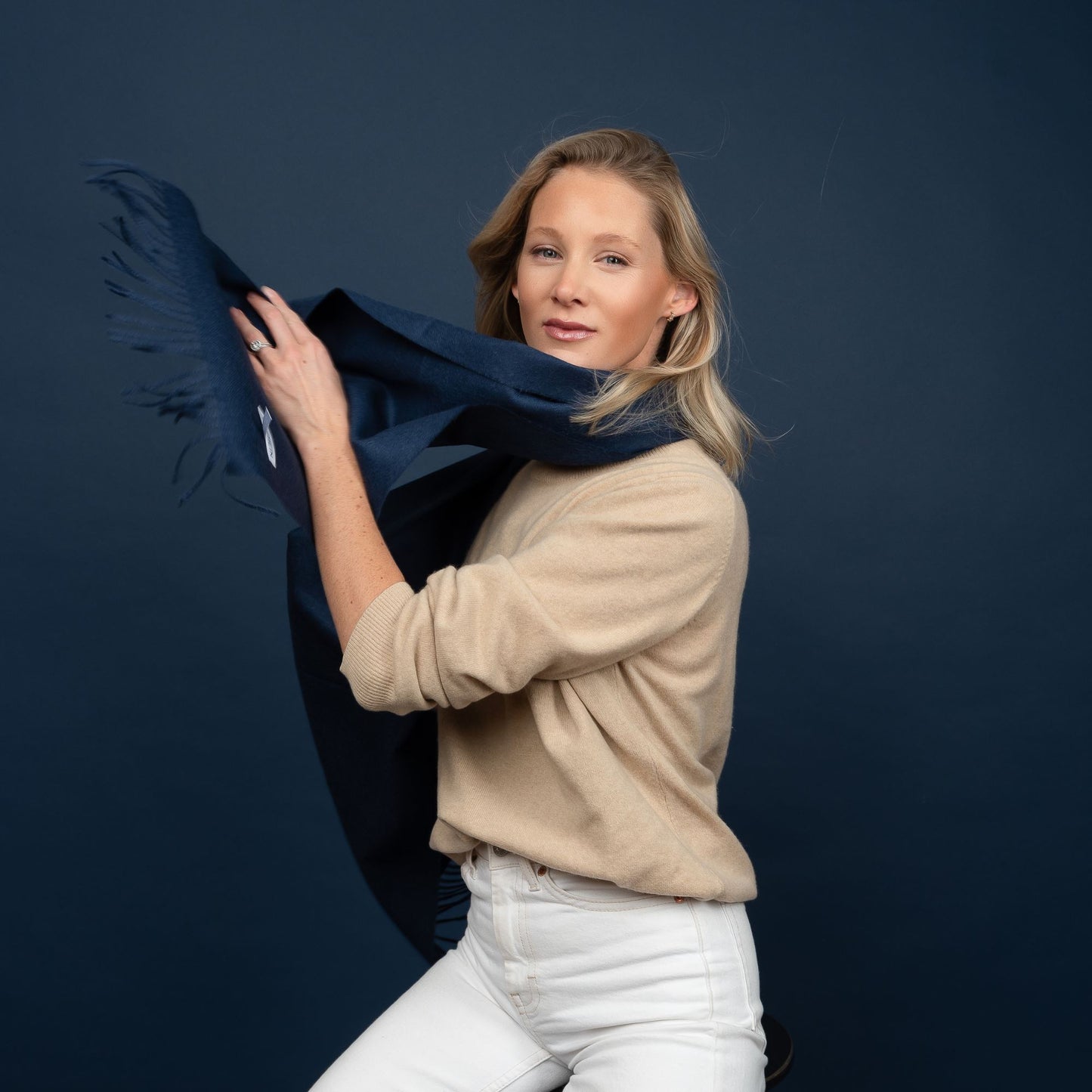 Navy Baby Alpaca Fringed Scarf Scarf WASHEIN