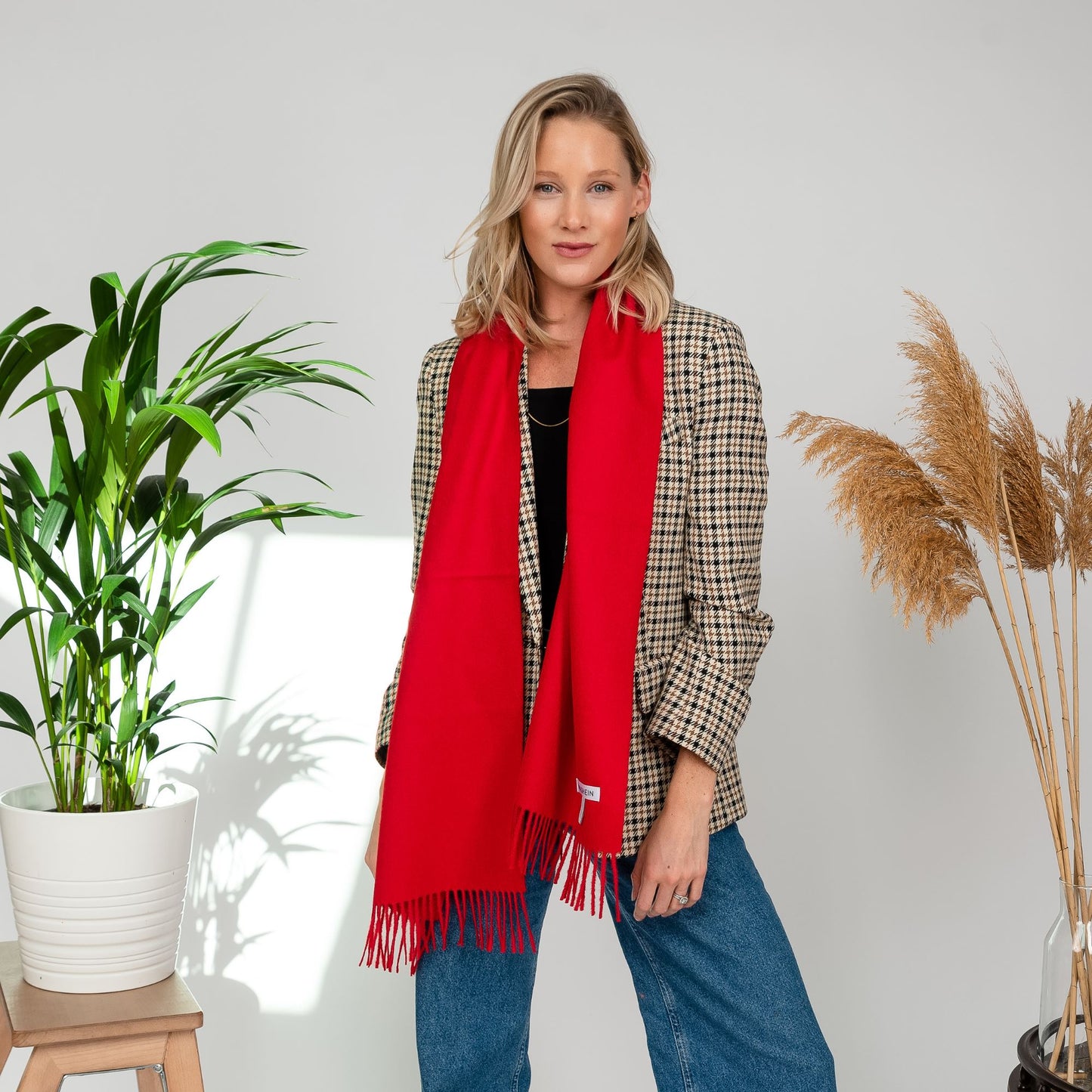 Navy Baby Alpaca Fringed Scarf Scarf WASHEIN Red