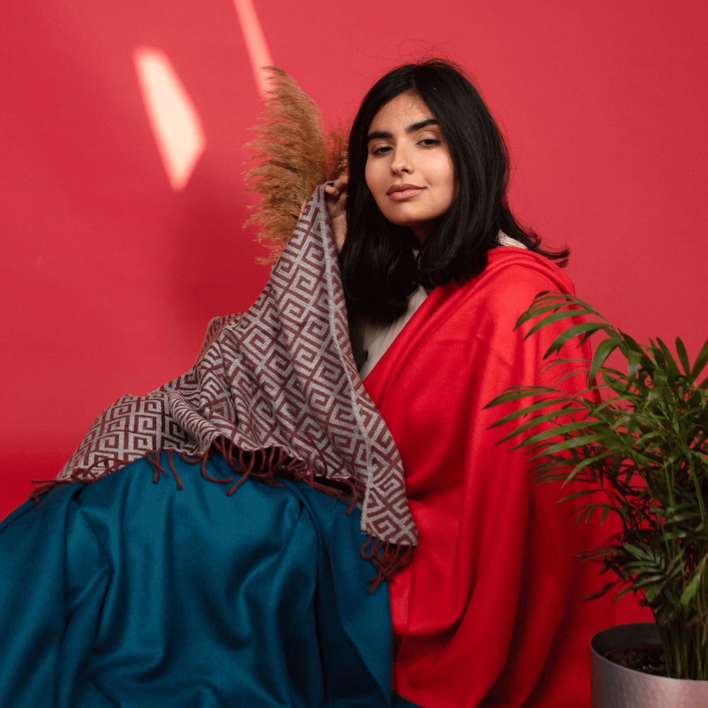 Red Ethnic Premium Baby Alpaca Throw Throws WASHEIN
