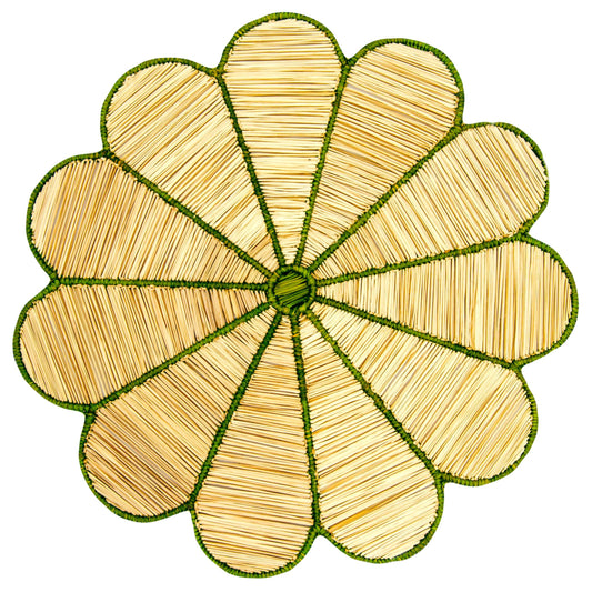 Set x 4 Natural Straw Green Big Flower Round Placemats Placemats WASHEIN