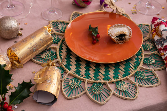 Set x 4 Natural Straw Woven Flower Green Placemats Placemats WASHEIN