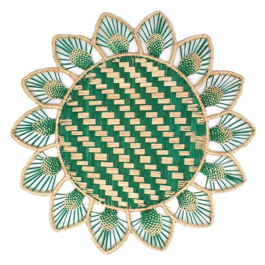 Set x 4 Natural Straw Woven Flower Green Placemats Placemats WASHEIN