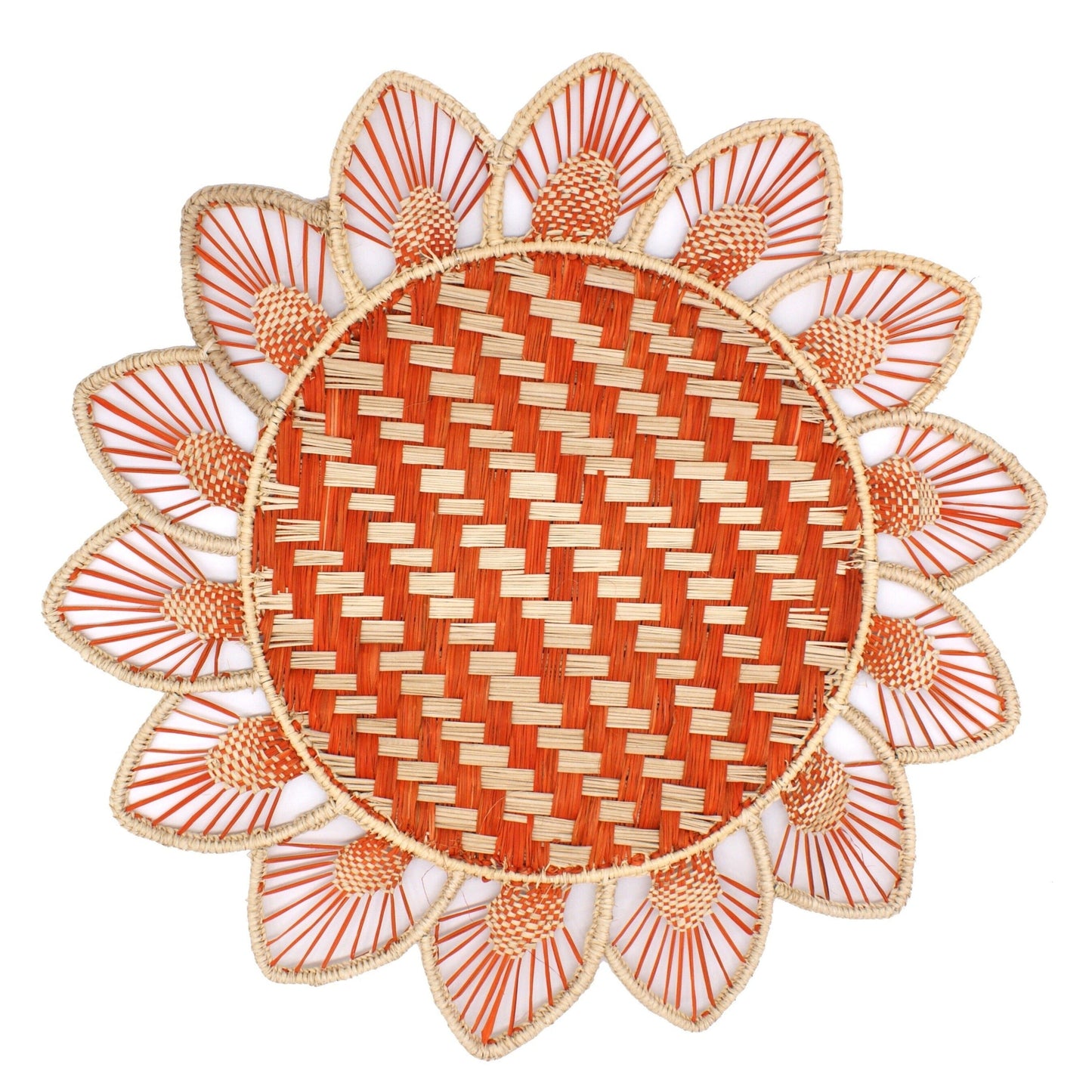 Set x 4 Natural Straw Woven Flower Orange Placemats Placemats WASHEIN
