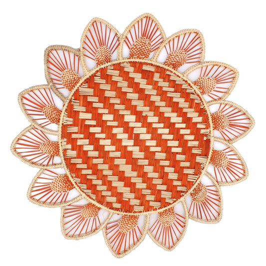 Set x 4 Natural Straw Woven Flower Orange Placemats Placemats WASHEIN