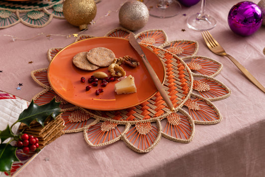 Set x 4 Natural Straw Woven Flower Orange Placemats Placemats WASHEIN