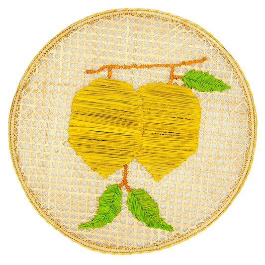 Set x 4 Natural Straw Woven Yellow Lemon Fruits Round Placemats Placemats WASHEIN