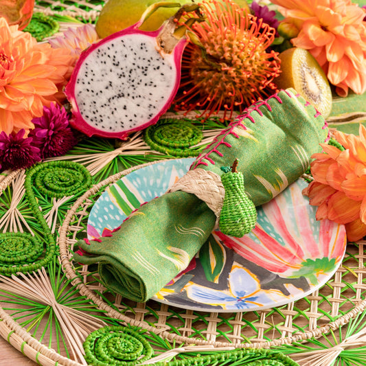 Set X 4 Woven Natural Iraca Straw Green Pear Fruit Napkin Rings Napkin Rings WASHEIN
