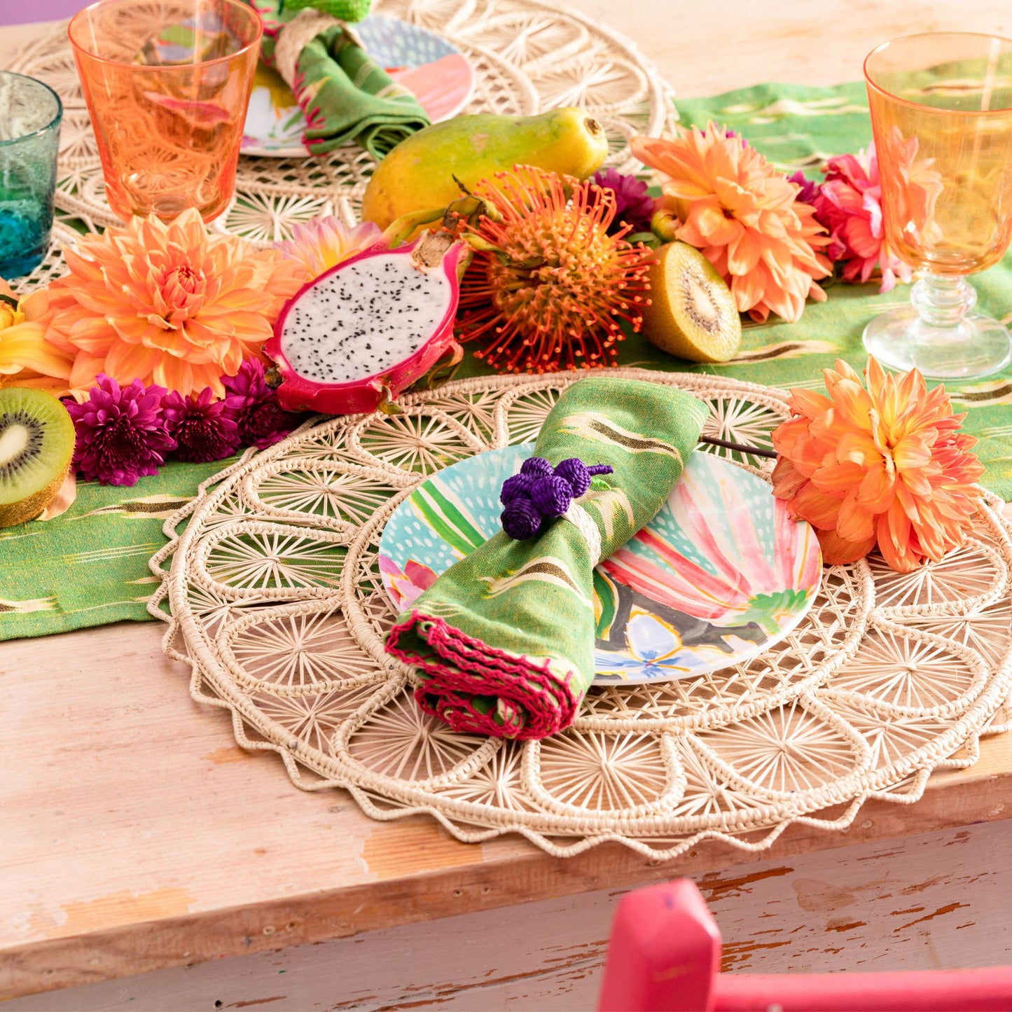 Set X 4 Woven Natural Iraca Straw Purple Grapes Fruit Napkin Rings Napkin Rings WASHEIN