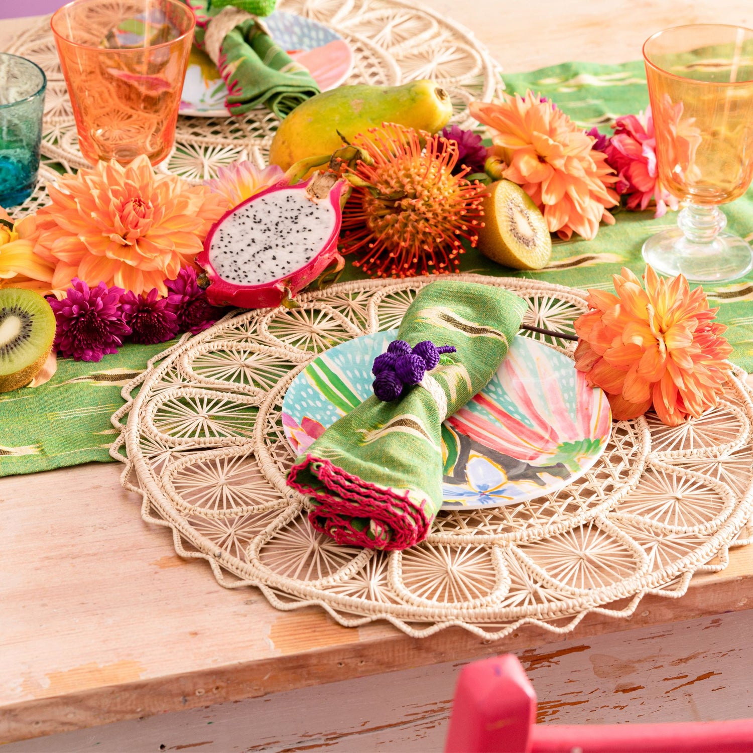 Set X 4 Woven Natural Iraca Straw Purple Grapes Fruit Napkin Rings Napkin Rings WASHEIN