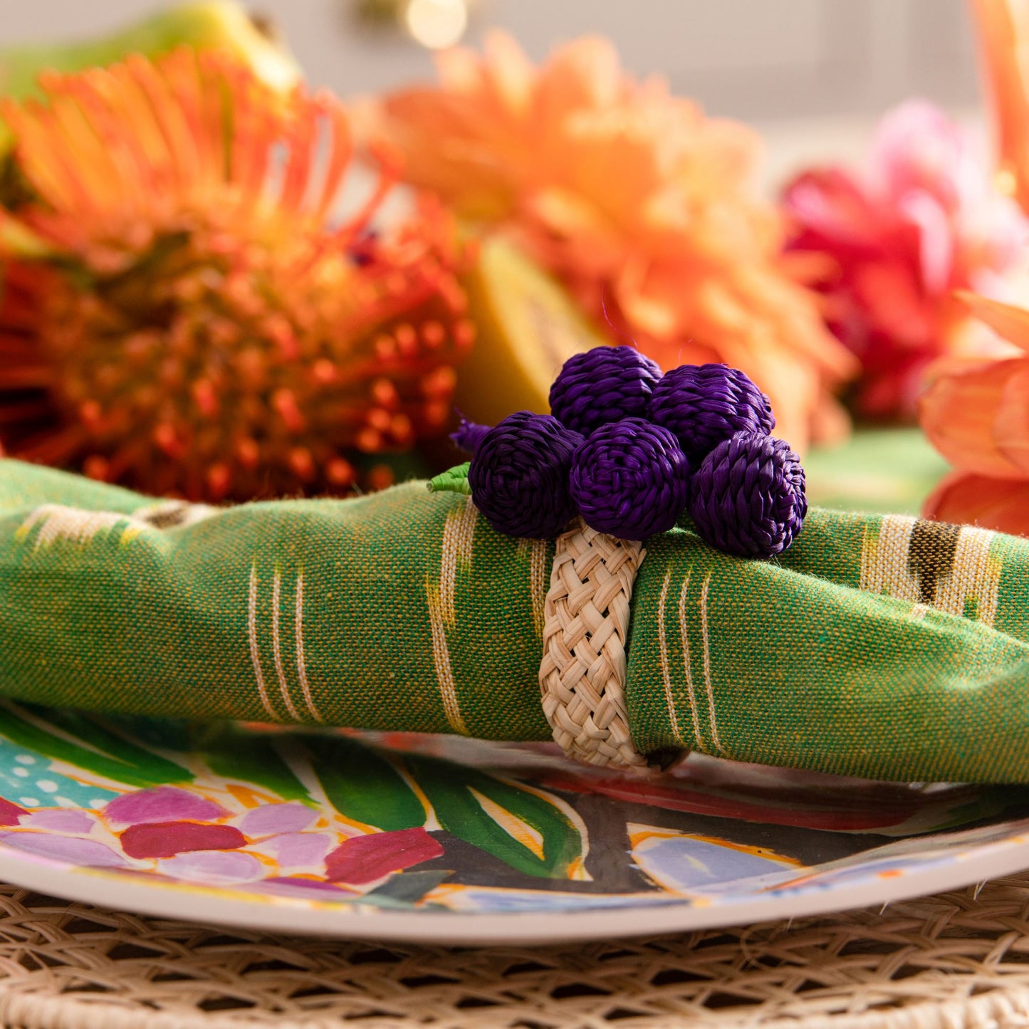 Set X 4 Woven Natural Iraca Straw Purple Grapes Fruit Napkin Rings Napkin Rings WASHEIN