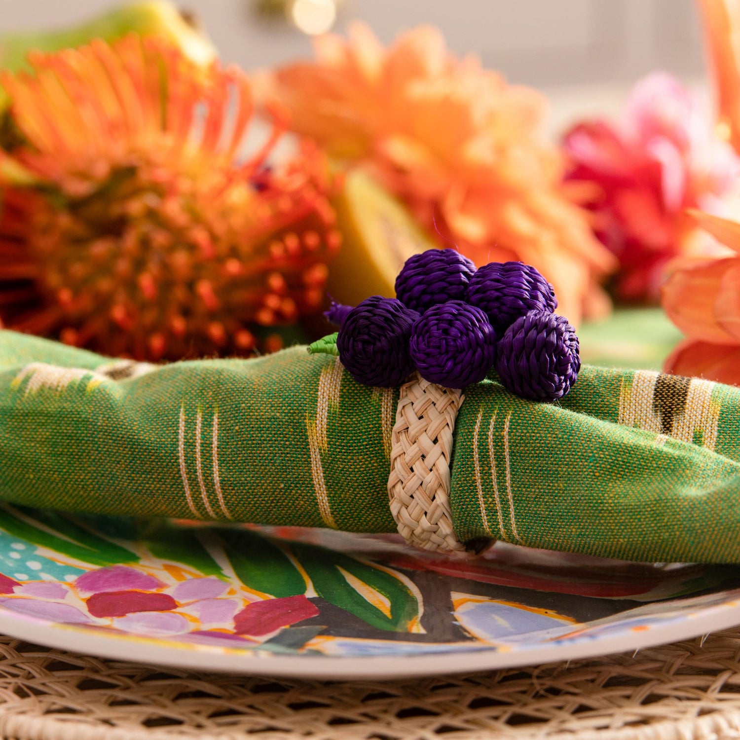 Set X 4 Woven Natural Iraca Straw Purple Grapes Fruit Napkin Rings Napkin Rings WASHEIN