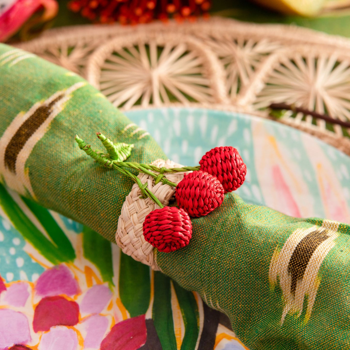 Set X 4 Woven Natural Iraca Straw Red Cherry Fruit Napkin Rings Napkin Rings WASHEIN