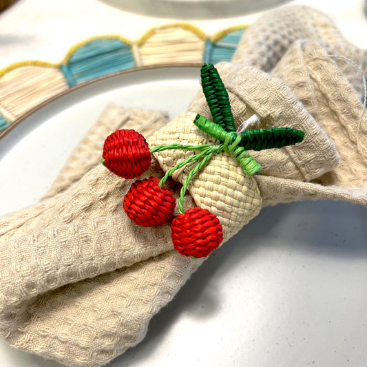 Set X 4 Woven Natural Iraca Straw Red Cherry Fruit Napkin Rings Napkin Rings WASHEIN