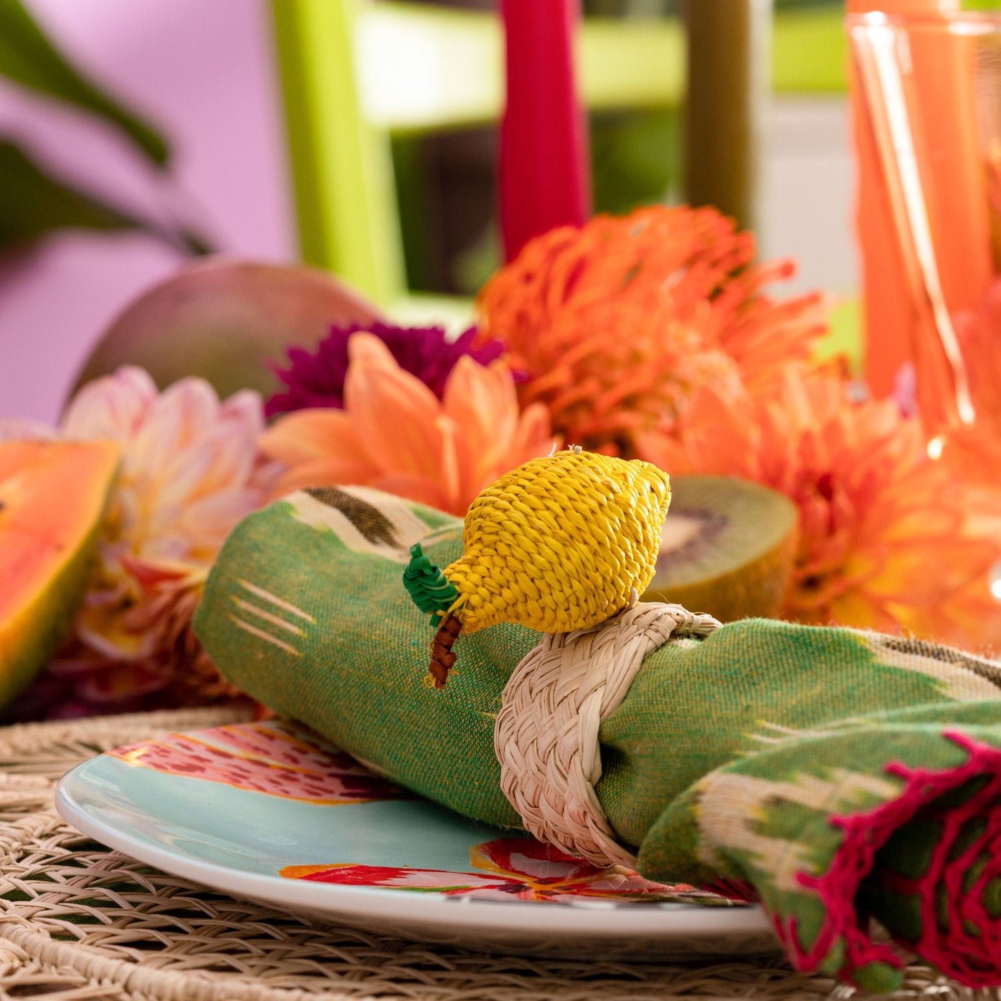 Set X 4 Woven Natural Iraca Straw Yellow Lemon Fruit Napkin Rings Napkin Rings WASHEIN