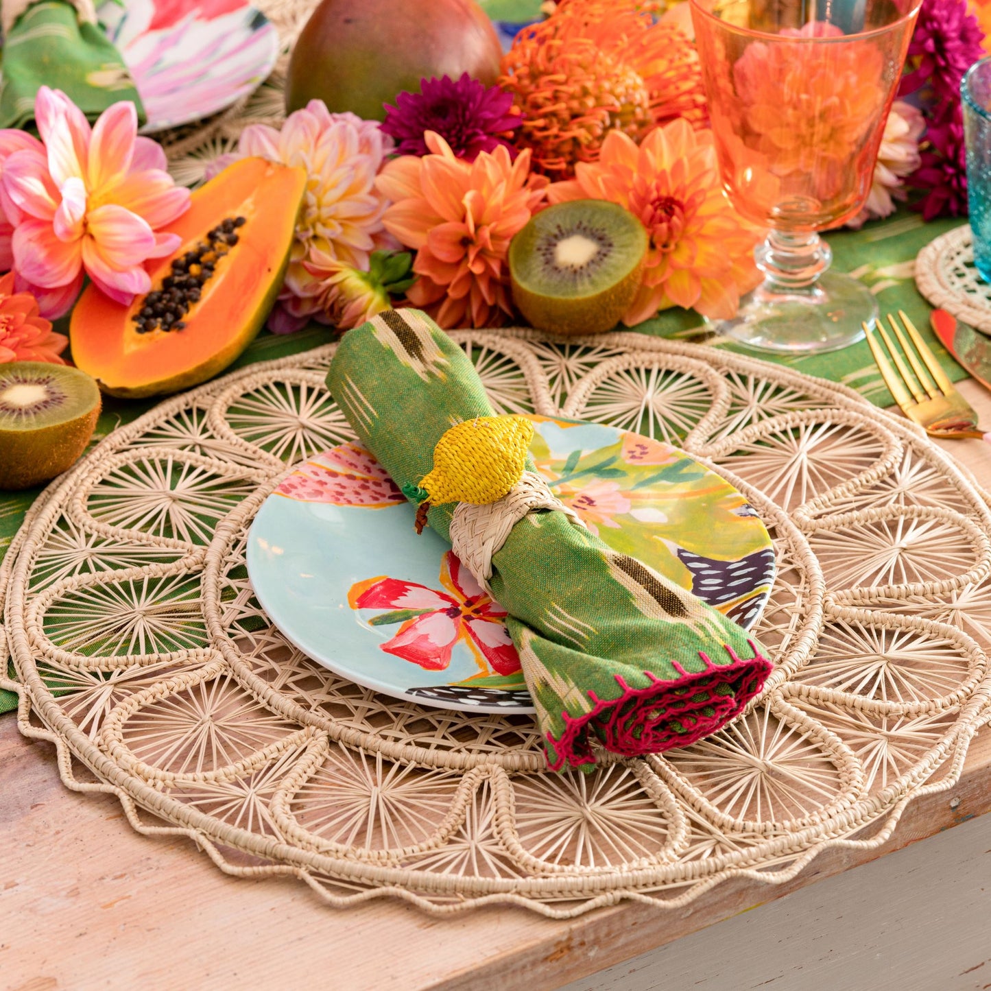 Set X 4 Woven Natural Iraca Straw Yellow Lemon Fruit Napkin Rings Napkin Rings WASHEIN