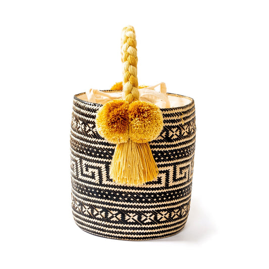 Small Black Puzzle Woven Straw Bucket Bag BAG WASHEIN