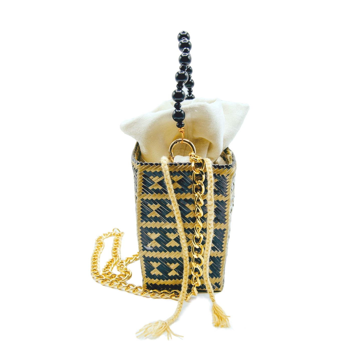 Tuparro Black & Gold Small Handwoven Straw Basket Bag BAG WASHEIN