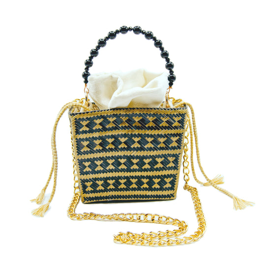 Tuparro Black & Gold Small Handwoven Straw Basket Bag BAG WASHEIN