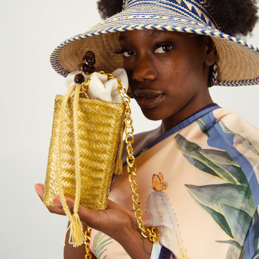 Tuparro Gold Small Handwoven Straw Basket Bag BAG WASHEIN