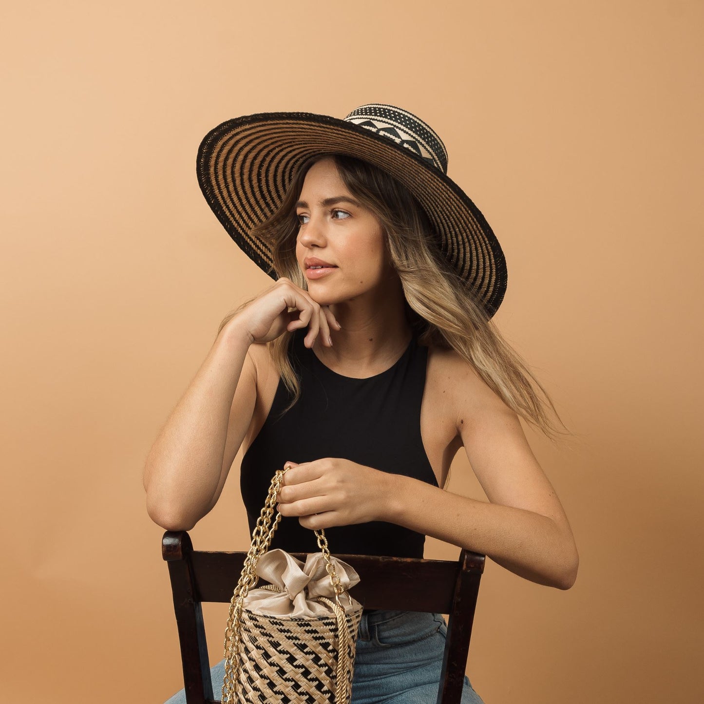 Urariyu Black Wide Brim Straw Hat Hat WASHEIN