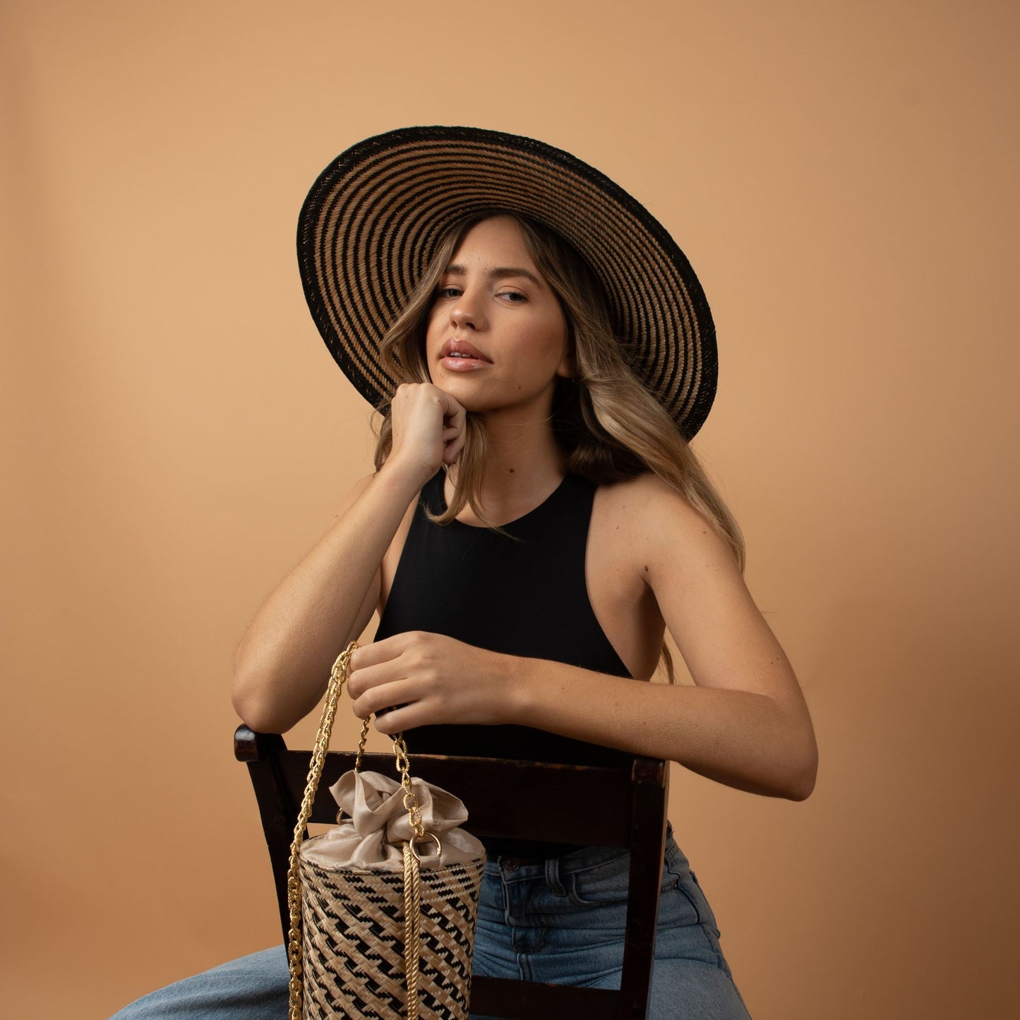 Urariyu Black Wide Brim Straw Hat Hat WASHEIN