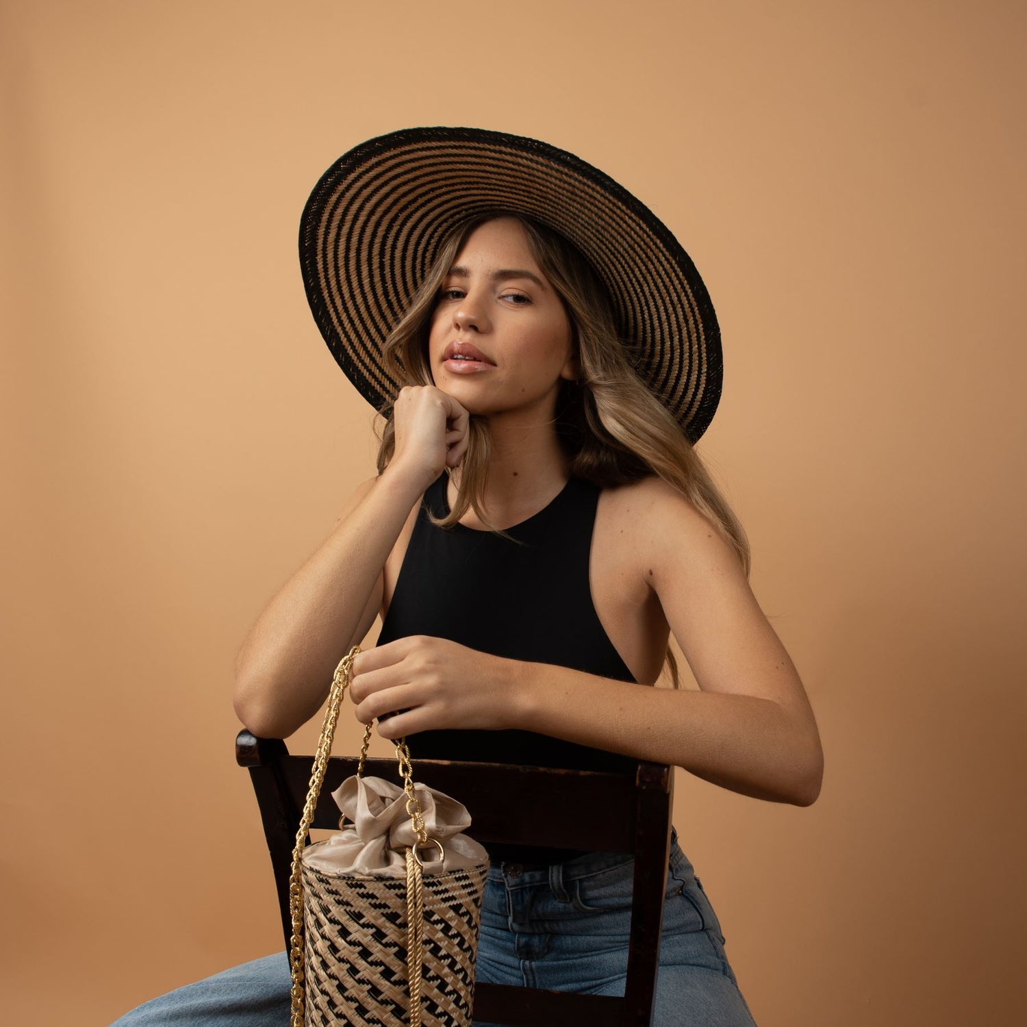 Urariyu Black Wide Brim Straw Hat Hat WASHEIN