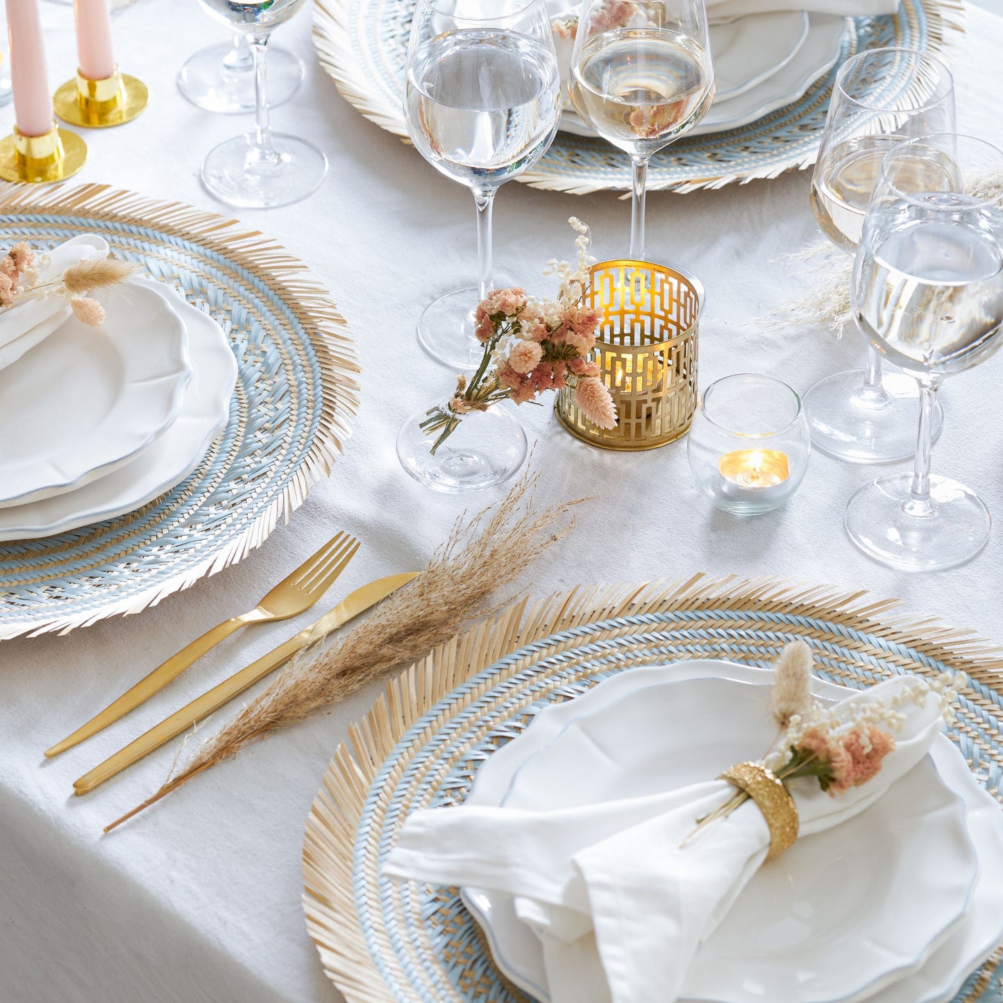 Woven Natural Straw Blue Round Placemats with Trimming Placemats WASHEIN