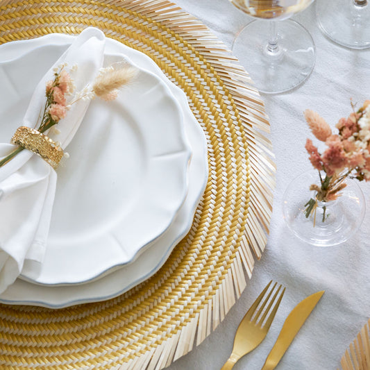 Woven Natural Straw Gold Circular Placemats with Trimming Placemats WASHEIN