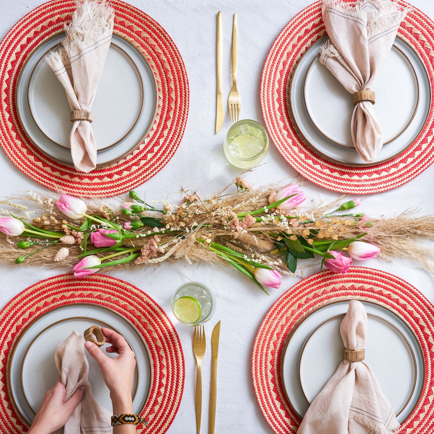 Woven Natural Straw Red Round Placemats Baskets WASHEIN