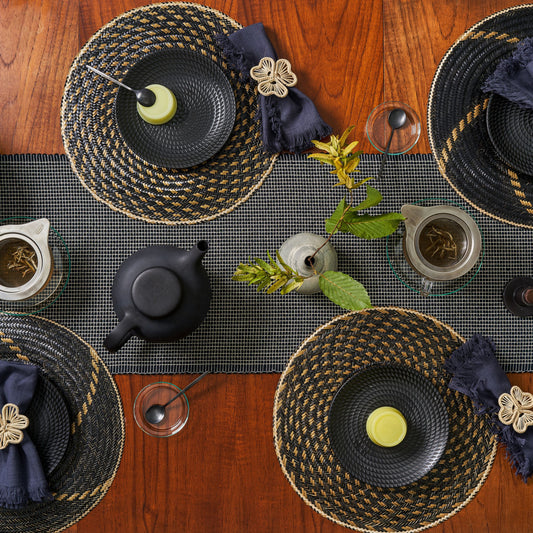 Set x 4 Natural Straw Black & Gold Dotted Round Placemats Placemats WASHEIN 