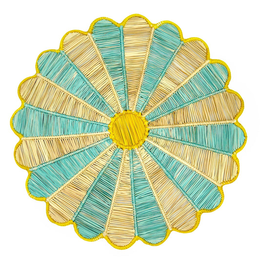 Set x 4 Natural Straw Blue & Yellow Big Flower Round Placemats Placemats WASHEIN 