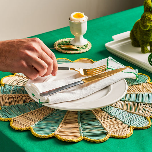 Set x 4 Natural Straw Blue & Yellow Big Flower Round Placemats Placemats WASHEIN 