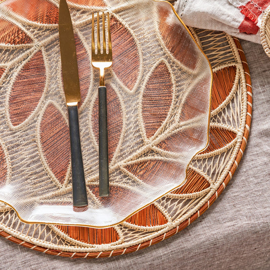 Set x 4 Natural Straw Copper Leaves Round Placemats Placemats WASHEIN 