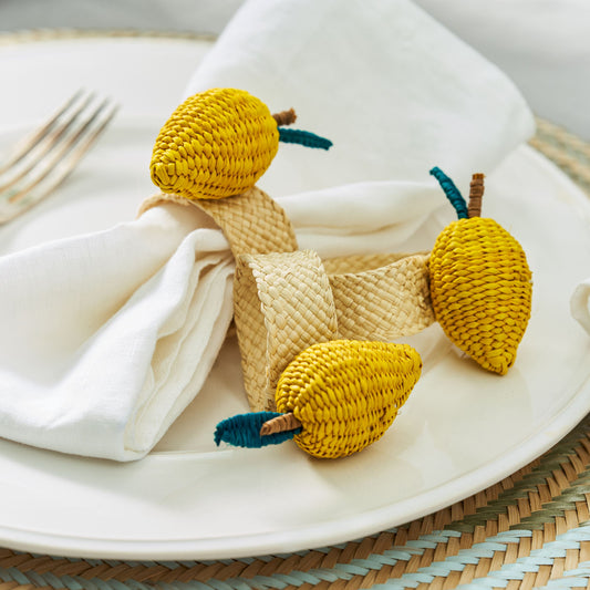 Set X 4 Woven Natural Iraca Straw Yellow Lemon Fruit Napkin Rings Napkin Rings WASHEIN 