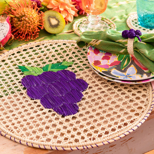 Natural Straw Woven Purple Grapes Fruits Round Placemats Placemats WASHEIN 