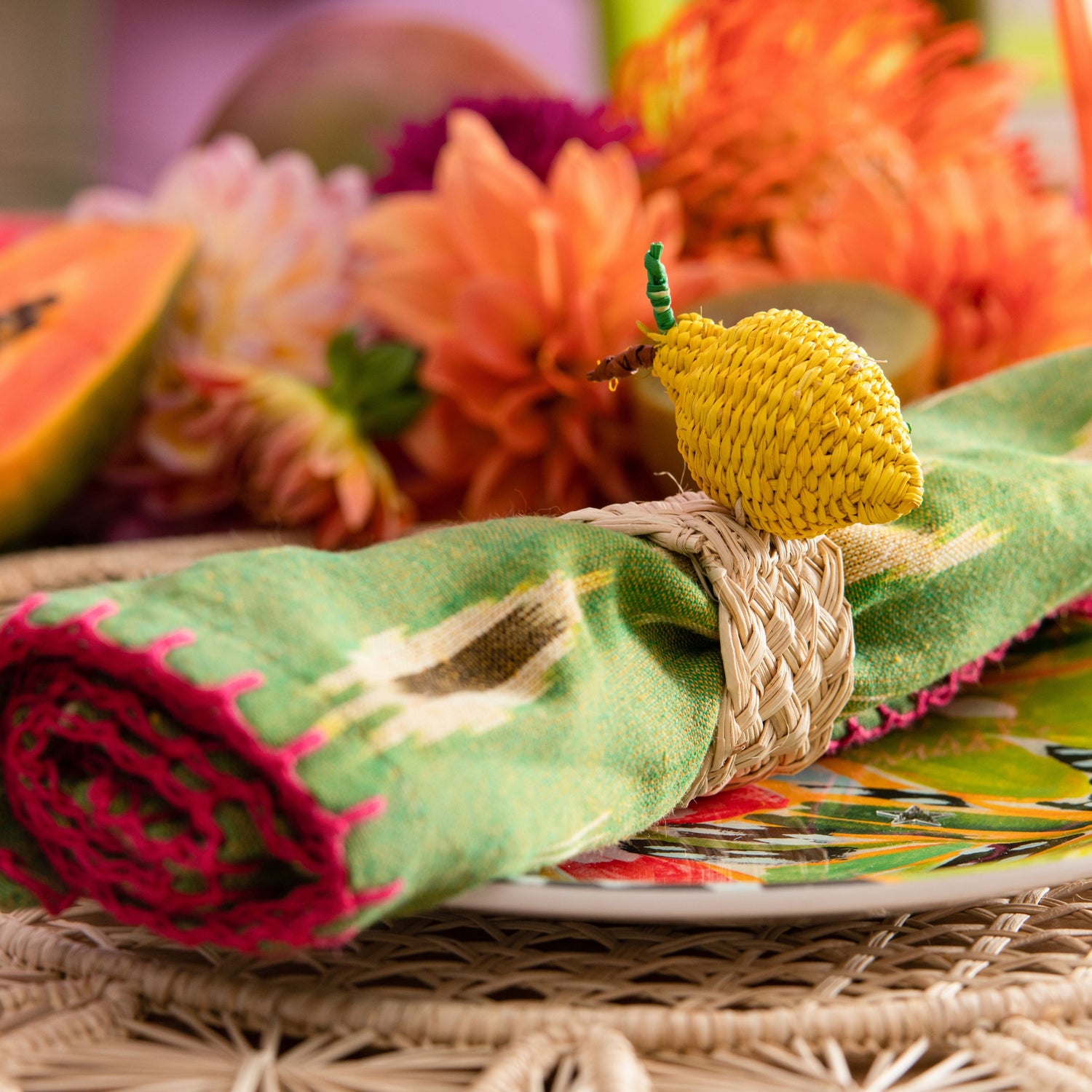 Natural Straw Woven Yellow Lemon Fruits Round Placemats Placemats WASHEIN 