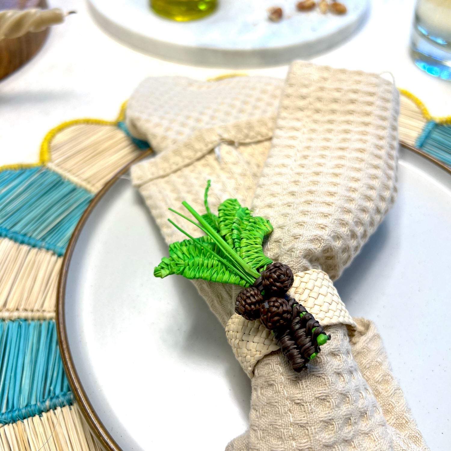 Set X 4 Woven Natural Iraca Straw Green Palm Tree Napkin Rings Napkin Rings WASHEIN 